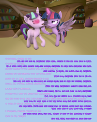 Size: 1920x2400 | Tagged: safe, artist:slippery slope, starlight glimmer, twilight sparkle, alicorn, pony, unicorn, g4, my little pony: friendship is magic, 3d, caption, dialogue, duo, duo female, female, fetish, glowing, glowing eyes, golden oaks library, hoof on chin, horn, hypnosis, hypnotized, indoors, lidded eyes, mare, mind control, open mouth, shipping, source filmmaker, text, tongue out, twilight sparkle (alicorn), want it need it, wingding eyes