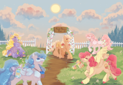 Size: 5238x3614 | Tagged: safe, artist:glorymoon, applejack, blueberry baskets, boysenberry pie, strawberry sunrise, strawberry surprise, earth pony, pegasus, pony, unicorn, g1, g4, generation leap, horn, outdoors, sweetberry ponies