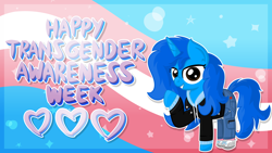 Size: 6400x3600 | Tagged: safe, artist:iamaveryrealperson, oc, oc only, oc:"d", pony, unicorn, abstract background, banner, blue coat, blue mane, blue pony, brown eyes, clothes, denim, eyelashes, female, heart, hoodie, horn, jacket, jeans, leather, leather jacket, long hair, long mane, long tail, looking at you, mare, pants, pocket, pointing, pride, pride flag, shoes, smiling, solo, standing, tail, teeth, text, trans female, transgender, transgender oc, transgender pride flag, unicorn horn, unicorn oc, zipper