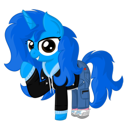 Size: 3840x3840 | Tagged: safe, artist:iamaveryrealperson, oc, oc only, oc:"d", pony, unicorn, blue coat, blue mane, blue pony, brown eyes, clothes, denim, eyelashes, female, hoodie, horn, jacket, jeans, leather, leather jacket, long hair, long mane, long tail, looking at you, mare, pants, pocket, pointing, shoes, simple background, smiling, solo, standing, tail, teeth, trans female, transgender, transgender oc, transparent background, unicorn horn, unicorn oc, zipper