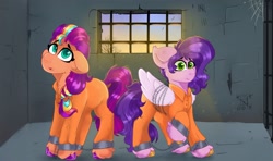 Size: 2048x1211 | Tagged: safe, artist:gusty8787, pipp petals, sunny starscout, earth pony, pegasus, pony, g5, bound wings, chained, chains, clothes, commissioner:rainbowdash69, duo, duo female, female, indoors, jail, jail cell, jumpsuit, mane stripe sunny, never doubt rainbowdash69's involvement, prison, prison cell, prison outfit, prisoner, prisoner pipp, prisoner ss, shackles, wings