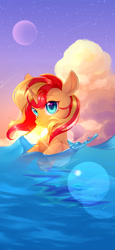 Size: 1080x2340 | Tagged: safe, artist:myriadstar, sunset shimmer, pony, unicorn, g4, cloud, crepuscular rays, female, horn, lens flare, mare, moon, ocean, outdoors, solo, starry sky, sunlight, swimming, water