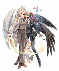 Size: 3543x4252 | Tagged: safe, artist:卯卯七, applejack, rainbow dash, dog, human, g4, apple core, aziraphale, bowtie, clothes, crowley, duo, ear piercing, earring, female, flaming sword, good omens, humanized, jewelry, lesbian, magic, piercing, ship:appledash, shipping, simple background, slit pupils, suit, sunglasses, sword, weapon, white background, winged humanization, wings