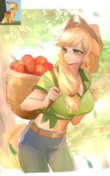 Size: 1053x1686 | Tagged: safe, artist:卯卯七, applejack, earth pony, anthro, applebuck season, g4, my little pony: friendship is magic, apple, basket, breasts, cleavage, female, food, outdoors, scene interpretation, screencap reference, solo, tired