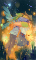 Size: 772x1276 | Tagged: safe, artist:卯卯七, applejack, rainbow dash, firefly (insect), human, insect, equestria girls, g4, bonfire, duo, female, fire, hug, humanized, lesbian, night, ship:appledash, shipping, spread wings, winged humanization, wings