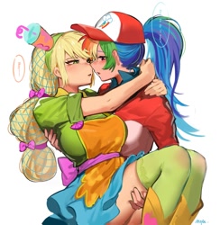 Size: 1169x1200 | Tagged: safe, artist:卯卯七, applejack, rainbow dash, human, g4, blushing, bridal carry, cap, carrying, clothes, dialogue, dress, duo, female, hat, humanized, imminent kissing, lesbian, looking at each other, looking at someone, ship:appledash, shipping, simple background, speech bubble, white background