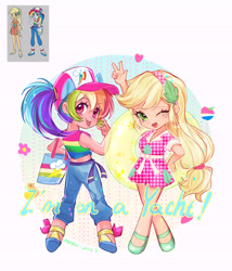 Size: 2835x3307 | Tagged: safe, artist:卯卯七, applejack, rainbow dash, human, equestria girls, g4, i'm on a yacht, my little pony equestria girls: better together, bag, baseball cap, cap, cute, dashabetes, duo, female, hairband, hat, inner tube, jackabetes, pool toy