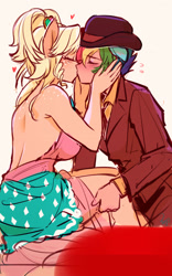 Size: 1676x2688 | Tagged: safe, artist:卯卯七, applejack, rainbow dash, human, g4, bare shoulders, bowler hat, clothes, dress, duo, female, hat, humanized, kiss on the lips, kissing, lesbian, necktie, ship:appledash, shipping, sleeveless, strapless, suit