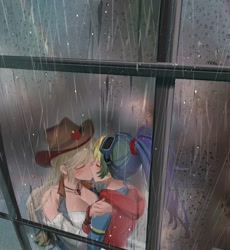 Size: 1103x1200 | Tagged: safe, artist:卯卯七, applejack, rainbow dash, human, g4, blushing, breasts, cleavage, clothes, duo, female, goggles, hat, hoodie, humanized, jewelry, kiss on the lips, kissing, lesbian, necklace, rain, rwby, ship:appledash, shipping