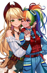 Size: 1670x2598 | Tagged: safe, artist:卯卯七, applejack, rainbow dash, human, g4, clothes, duo, female, garter belt, garter straps, goggles, goggles on head, holding hands, humanized, jewelry, lesbian, looking at each other, looking at someone, necklace, rwby, ship:appledash, shipping, simple background, socks, thigh highs, vest, white background