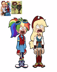 Size: 2004x2536 | Tagged: safe, artist:卯卯七, applejack, rainbow dash, human, g4, amphibia, anne boonchuy, bandage, boots, clothes, converse, eye clipping through hair, eyebrows, eyebrows visible through hair, female, garter belt, garter straps, goggles, goggles on head, holding hands, humanized, jewelry, lesbian, looking at each other, looking at someone, necklace, ripped stockings, rwby, sasha waybright, screencap reference, ship:appledash, shipping, shocked, shoes, simple background, spoilers for another series, stockings, thigh highs, torn clothes, vest, white background