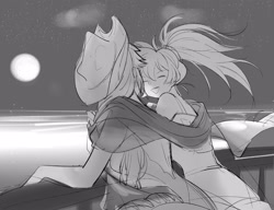 Size: 3500x2688 | Tagged: safe, artist:卯卯七, applejack, rainbow dash, human, g4, black and white, clothes, duo, female, full moon, grayscale, humanized, lesbian, looking at each other, looking at someone, monochrome, moon, night, outdoors, scarf, shared clothing, shared scarf, ship:appledash, shipping, sketch