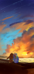 Size: 1281x2778 | Tagged: safe, artist:卯卯七, applejack, rainbow dash, bird, rabbit, g4, bunnified, duo, female, hat, lesbian, outdoors, scenery, scenery porn, ship:appledash, shipping, species swap, stars, sunset, water