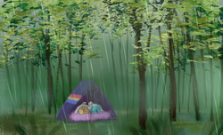 Size: 2470x1500 | Tagged: safe, artist:卯卯七, applejack, rainbow dash, rabbit, g4, bunnified, duo, female, forest, lesbian, nature, outdoors, rain, scenery, ship:appledash, shipping, sleeping, species swap, tent, tree