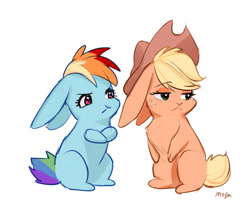 Size: 802x690 | Tagged: safe, artist:卯卯七, applejack, rainbow dash, rabbit, g4, bunnified, chest fluff, duo, eyebrows, eyebrows visible through hair, female, lesbian, ship:appledash, shipping, simple background, species swap, white background