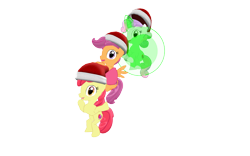 Size: 1920x1200 | Tagged: safe, artist:puzzlshield2, apple bloom, scootaloo, sweetie belle, pony, g4, 3d, bipedal, christmas, crossover, cutie mark crusaders, female, filly, foal, hat, holiday, levitation, lying down, magic, mmd, on back, recreation, santa hat, standing, telekinesis, trio, wonder pets!