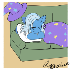 Size: 4400x4400 | Tagged: safe, artist:tkshoelace, trixie, pony, unicorn, g4, clothes, couch, ear fluff, eyelashes, eyes closed, hat, horn, indoors, lying down, passepartout, pillow, sleeping, solo, the grim sleeper, trixie's hat