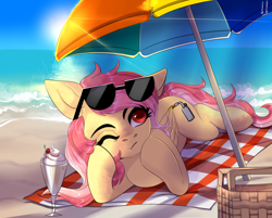 Size: 4000x3210 | Tagged: safe, artist:verashelenberg, oc, oc only, oc:cotton seams, pegasus, pony, beach, beach towel, beach umbrella, commission, detailed background, female, food, lying down, mare, one eye closed, outdoors, pegasus oc, solo, sundae, sunglasses, sunglasses on head, ych result