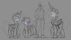 Size: 4349x2455 | Tagged: safe, artist:maretheory.exe, princess celestia, princess luna, twilight sparkle, oc, oc:anon, alicorn, human, pony, g4, blushing, female, glowing, glowing eyes, grayscale, horn, i'm in danger, imminent human on pony action, imminent rape, imminent sex, long horn, looking up, male, mare, monochrome, nervous, scared, smug