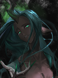 Size: 1536x2048 | Tagged: safe, artist:asdkl12390, queen chrysalis, human, g4, abstract background, breasts, cleavage, eared humanization, female, horn, horned humanization, humanized, long nails, slit pupils, solo