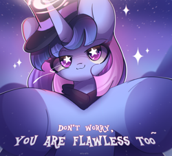 Size: 2700x2450 | Tagged: safe, artist:miryelis, oc, oc only, oc:flawless sparklemoon, pony, unicorn, my little pony the movie: the death of twilight sparkle, big eyes, cute, female, fusion, fusion:trixie, fusion:twilight sparkle, fusion:twixie, glowing, glowing horn, hat, horn, looking at you, magic, mare, offscreen character, outdoors, pov, smiling, solo, stars, text