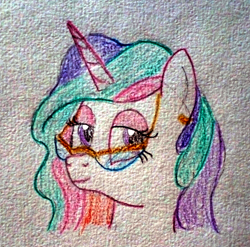 Size: 1790x1767 | Tagged: safe, artist:mildgyth, princess celestia, anthro, ziragshabdarverse, g4, bust, eyeshadow, glasses, makeup, portrait, solo, traditional art