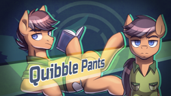 Size: 1920x1080 | Tagged: safe, artist:bkiltersot, quibble pants, earth pony, pony, g4, book, danganronpa, lying down, male, on back, reading, solo, stallion, style emulation, text