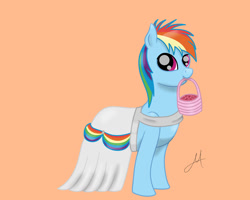 Size: 1280x1024 | Tagged: safe, artist:yinmai, rainbow dash, pegasus, pony, g4, basket, clothes, cute, dashabetes, dress, female, filly, floral head wreath, flower, flower filly, flower girl, flower girl dress, foal, looking at you, mouth hold, orange background, rainbow dash always dresses in style, simple background, solo