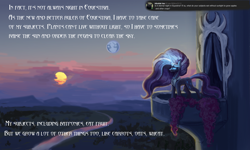 Size: 5000x3000 | Tagged: safe, alternate version, artist:anastas, part of a set, nightmare rarity, pony, unicorn, series:ask nightmare rarity, g4, ask, balcony, canterlot castle, comic, cyrillic, dawn, detailed background, english, ethereal mane, eyelashes, eyeshadow, female, flowing mane, flowing tail, glowing, glowing horn, horn, jewelry, magic, magic aura, makeup, mare, mare in the moon, mlp art ask (ru), moon, nightmarified, outdoors, regalia, slit pupils, solo, speech bubble, standing, starry mane, starry tail, sternocleidomastoid, sun, tail, text, translation