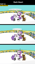 Size: 1920x3516 | Tagged: safe, artist:platinumdrop, princess flurry heart, oc, oc:brave dawn, alicorn, earth pony, pony, comic:dark heart, g4, 3 panel comic, alternate timeline, armor, balcony, collar, colt, comic, commission, crystal empire, dialogue, evil flurry heart, eyes closed, female, foal, folded wings, head pat, horn, jewelry, looking at each other, looking at someone, male, mare, nervous, older, older flurry heart, open mouth, pat, regalia, slave, slave collar, smug, speech bubble, spiked collar, spiked wristband, surprised, victorious villain, wings, wristband