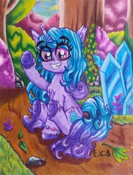 Size: 2468x3230 | Tagged: safe, artist:estrellasombria, izzy moonbow, pony, unicorn, g5, bridlewood, cheek fluff, chest fluff, crystal, ear fluff, female, forest, horn, leg fluff, looking at you, mare, nature, outdoors, sitting, solo, traditional art, tree, unshorn fetlocks, waving, waving at you