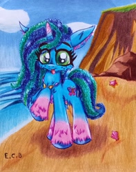 Size: 2794x3552 | Tagged: safe, artist:estrellasombria, misty brightdawn, pony, unicorn, g5, :p, beach, cheek fluff, chest fluff, cliff, ear fluff, female, horn, jewelry, leg fluff, mare, maretime bay, necklace, ocean, outdoors, raised hoof, solo, tongue out, traditional art, unshorn fetlocks, water