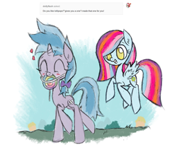 Size: 1280x1086 | Tagged: safe, artist:askaponywithbraces, air way, pearly whites, oc, oc:dolly flash, pegasus, pony, unicorn, g4, candy, female, food, horn, lollipop, mare, mouth hold, outdoors