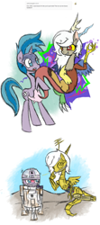 Size: 1280x2880 | Tagged: safe, artist:askaponywithbraces, air way, discord, pearly whites, oc, draconequus, pony, unicorn, g4, c-3po, eris, female, horn, mare, r2-d2, rule 63, star wars