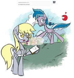 Size: 1280x1350 | Tagged: safe, artist:askaponywithbraces, air way, derpy hooves, pearly whites, pegasus, pony, unicorn, g4, clipboard, female, horn, magnet, mare, outdoors