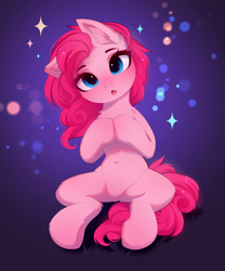 Size: 3307x3974 | Tagged: safe, alternate character, alternate version, artist:empress-twilight, pinkie pie, earth pony, pony, g4, my little pony: friendship is magic, :o, belly, belly button, cheek fluff, commission, female, looking at you, mare, open mouth, solo, sparkles, ych result