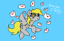 Size: 782x511 | Tagged: safe, artist:maretheory.exe, derpy hooves, pegasus, pony, g4, female, flying, happy, letter, mare, paint, simple background, smiling