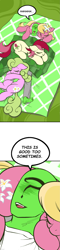 Size: 975x4066 | Tagged: safe, artist:maretheory.exe, daisy, flower wishes, lily, lily valley, roseluck, oc, oc:anon, earth pony, human, pony, g4, blanket, colored, comic, drawthread, female, happy, lying down, male, mare, ponified, pony pillow, requested art, sheet, sleeping, speech bubble