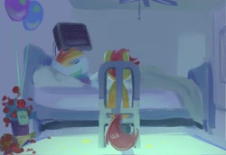 Size: 2048x1407 | Tagged: safe, artist:piesinful, rainbow dash, scootaloo, pegasus, pony, comic:unlucky day, fanfic:cupcakes, g4, balloon, bed, duo, duo female, facing away, female, filly, foal, hospital, hospital bed, indoors, lying down, mare, on back