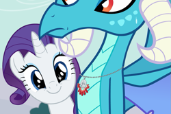 Size: 905x600 | Tagged: safe, artist:queencold, princess ember, rarity, dragon, pony, unicorn, g4, bust, dragoness, duo, duo female, female, horn, jewelry, mare, necklace, outdoors, show accurate, smiling, starry eyes, wingding eyes