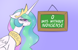 Size: 3220x2073 | Tagged: safe, artist:maretheory.exe, princess celestia, alicorn, pony, g4, angry, chalkboard, day count, dead inside, female, fuck this shit, high res, mare, meme, reference, solo, spongebob reference, spongebob squarepants, tired eyes