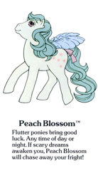 Size: 550x1000 | Tagged: safe, peach blossom, flutter pony, pegasus, pony, g1, my little pony fact file, official, bow, cute, female, g1 backstory, mare, peachdorable, smiling, solo, tail, tail bow, text