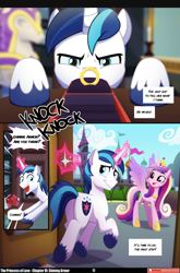 Size: 3540x5368 | Tagged: safe, artist:lummh, artist:whitequartztheartist, princess cadance, shining armor, alicorn, pony, unicorn, comic:the princess of love, g4, absurd resolution, armor, canterlot, comic, crown, engagement ring, female, hoof shoes, horn, jewelry, male, mare, peytral, princess shoes, regalia, royal guard armor, speech bubble, stallion