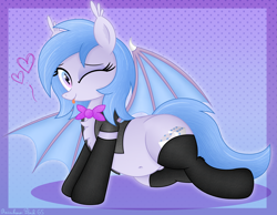 Size: 3839x2972 | Tagged: safe, artist:rainbowšpekgs, oc, oc only, oc:lucky roll, bat pony, pony, bat pony oc, bat wings, belly, belly button, bowtie, clothes, draw me like one of your french girls, fangs, female, mare, one eye closed, socks, spread wings, tongue out, vest, wings, wink