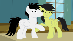 Size: 5000x2836 | Tagged: safe, artist:brightstar40k, oc, oc only, oc:sadie park, oc:shane park, pegasus, female, indoors, kissing, male, pegasus oc, straight