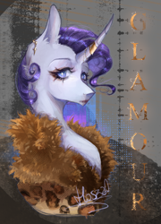 Size: 756x1050 | Tagged: safe, artist:hoszzek, rarity, pony, unicorn, g4, bust, ear piercing, earring, female, fur coat, horn, horn ring, jewelry, mare, piercing, ring, solo, starry eyes, wingding eyes