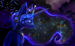 Size: 2732x1679 | Tagged: safe, artist:bananitryi, princess luna, alicorn, pony, g4, my little pony: friendship is magic, crown, crying, ethereal mane, female, galaxy, galaxy mane, horn, jewelry, mare, regalia, solo, space, stars, wings