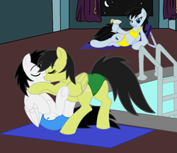 Size: 959x833 | Tagged: safe, artist:shieldwingarmorofgod, oc, oc only, oc:chloe park, oc:sadie park, oc:shane park, pegasus, g4, female, indoors, kissing, making out, male, straight, swimming pool