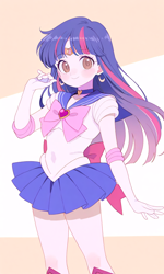 Size: 768x1280 | Tagged: safe, ai content, artist:rollyagami02, twilight sparkle, human, equestria girls, g4, boots, clothes, female, gloves, high heel boots, jewelry, sailor moon (series), sailor senshi, sailor twilight, sailor uniform, shirt, shoes, simple background, skirt, solo, tiara, uniform