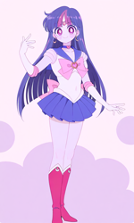 Size: 768x1280 | Tagged: safe, artist:rollyagami02, twilight sparkle, human, equestria girls, g4, boots, clothes, female, gloves, high heel boots, jewelry, pink background, sailor moon (series), sailor senshi, sailor twilight, sailor uniform, shirt, shoes, simple background, skirt, solo, tiara, uniform